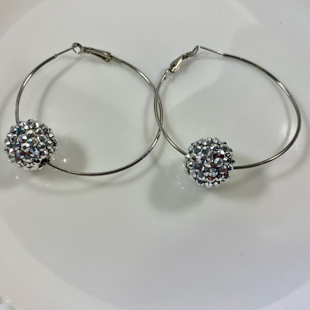 Hoop Earrings Silver Tone Sparkly Ball Going Out Party Rave